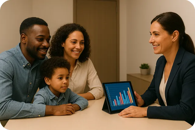 Familia diversa con asesor financiero revisando información en tableta